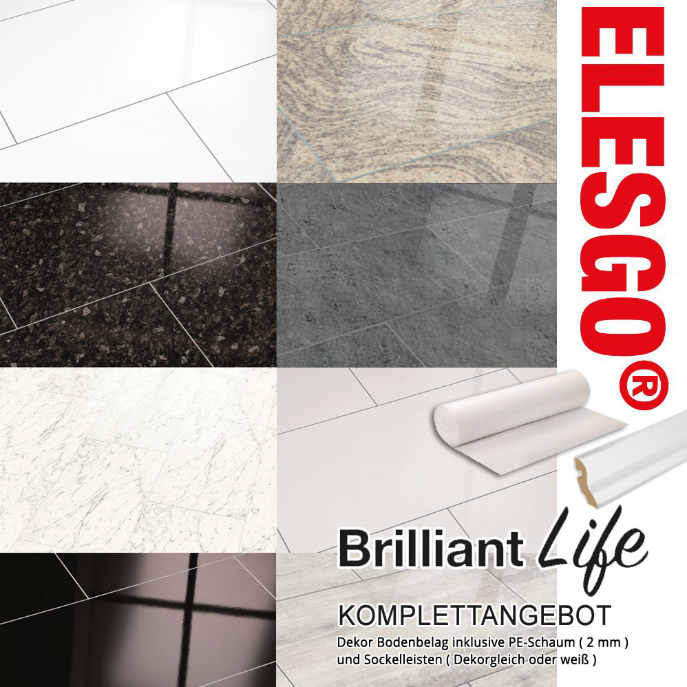 ELESGO Komplettangebot Laminat Brilliant Life Superglanz Maxi V5 Fliesenoptik 8 Dekore inkl. Leisten u. Dämmung – Bild 1